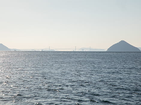 遠くに見える瀬戸大橋とおにぎりの形に見える大槌島